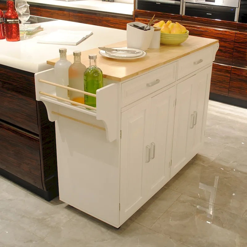 Kitchen Island & Kitchen Cart, Rubber Wood Top, Big & Adjustable Shelf Inside Cabinet for Different Utensils.