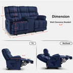 Power Loveseat Recliner with Console, Vibration and Heat, USB Charge Ports RS6234