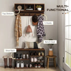 2-in-1 Hall Tree Shoe Bench Set with Coat Rack5-Hook