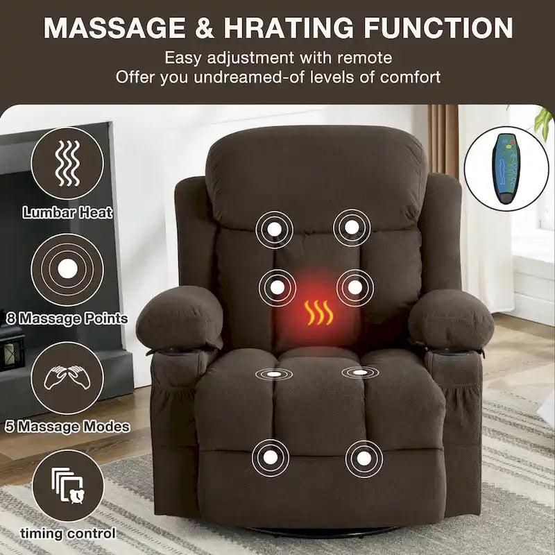 Dotted Velvet Massage Heated Manual Recliner Chair w/360 Swivel Base