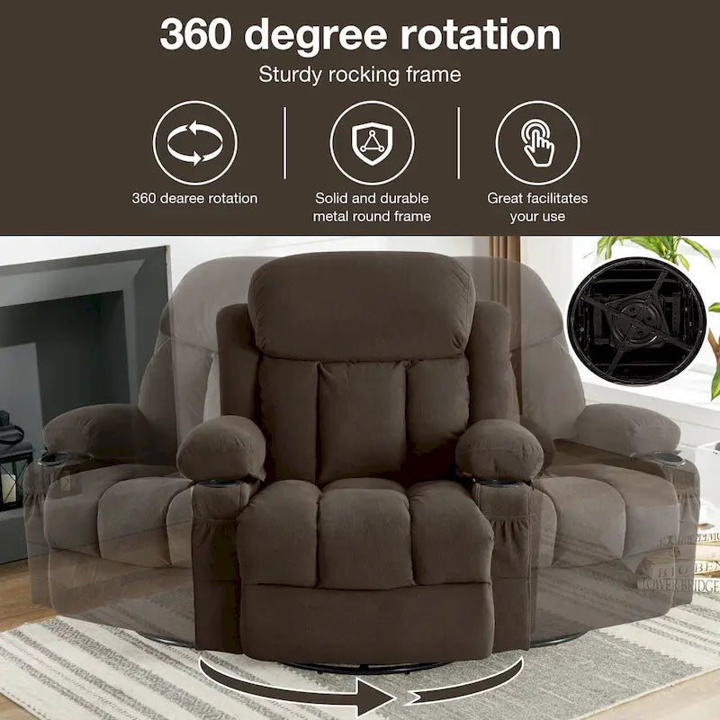 Dotted Velvet Massage Heated Manual Recliner Chair w/360 Swivel Base
