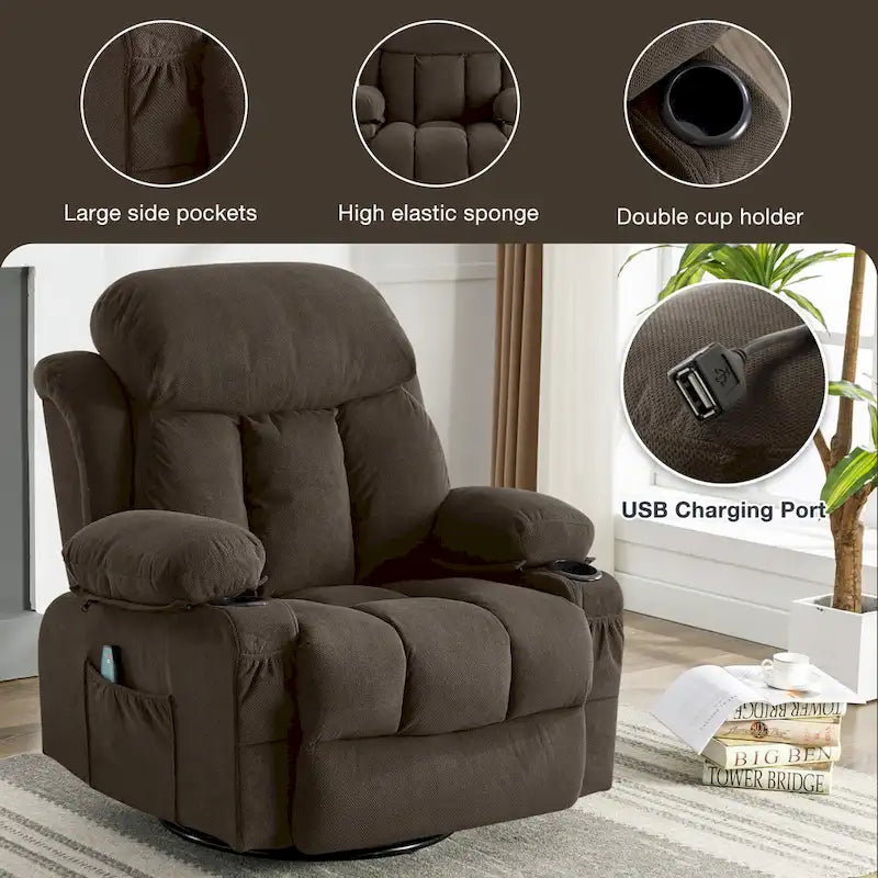 Dotted Velvet Massage Heated Manual Recliner Chair w/360 Swivel Base