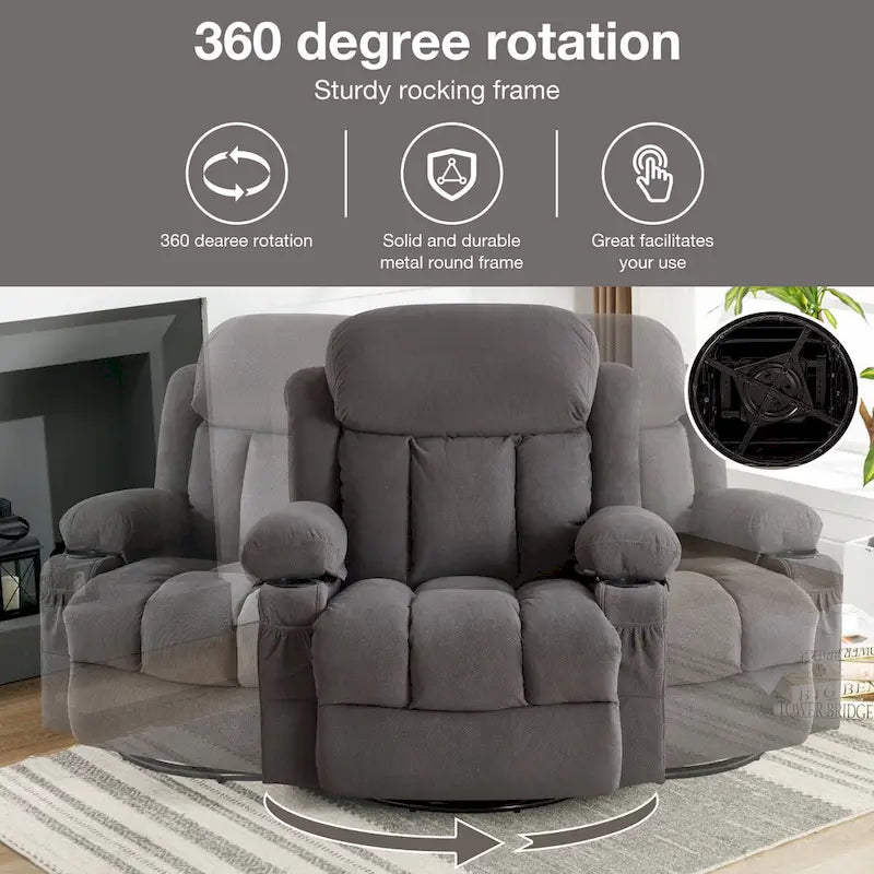 Dotted Velvet Massage Heated Manual Recliner Chair w/360 Swivel Base