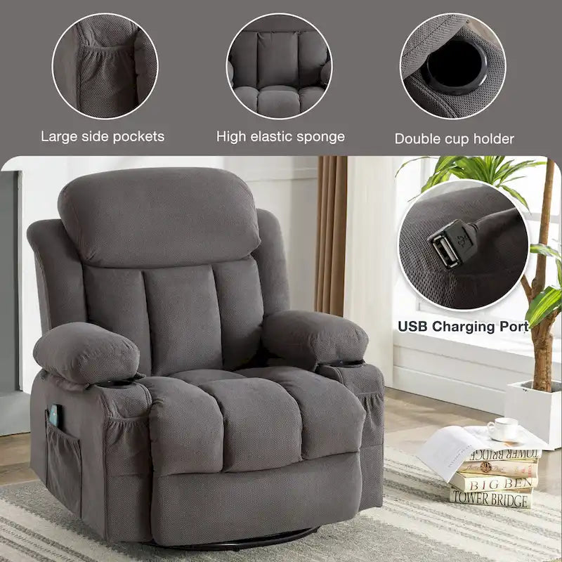 Dotted Velvet Massage Heated Manual Recliner Chair w/360 Swivel Base