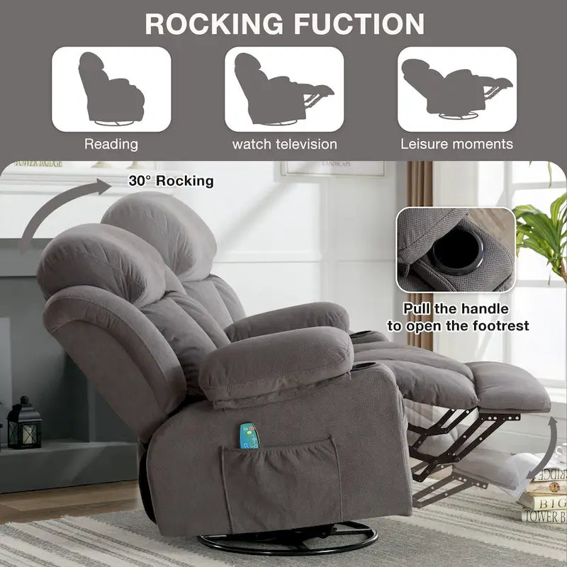 Dotted Velvet Massage Heated Manual Recliner Chair w/360 Swivel Base
