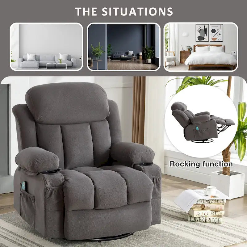 Dotted Velvet Massage Heated Manual Recliner Chair w/360 Swivel Base