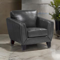 Chair photo - 37 Inch Accent Chair, Dark Gray Grain and Faux Leather, Solid Wood