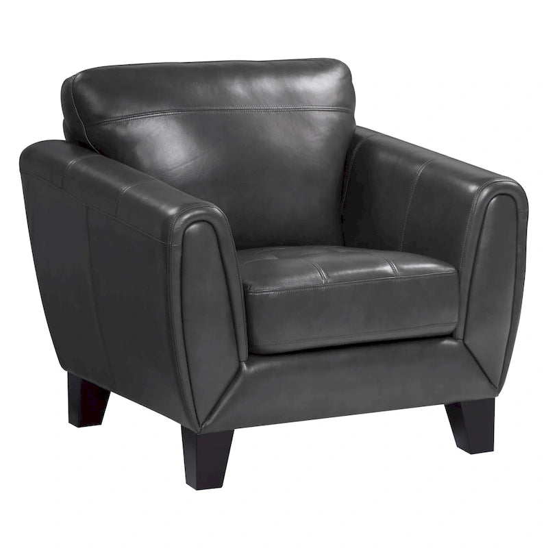 37 Inch Accent Chair, Dark Gray Grain and Faux Leather, Solid Wood