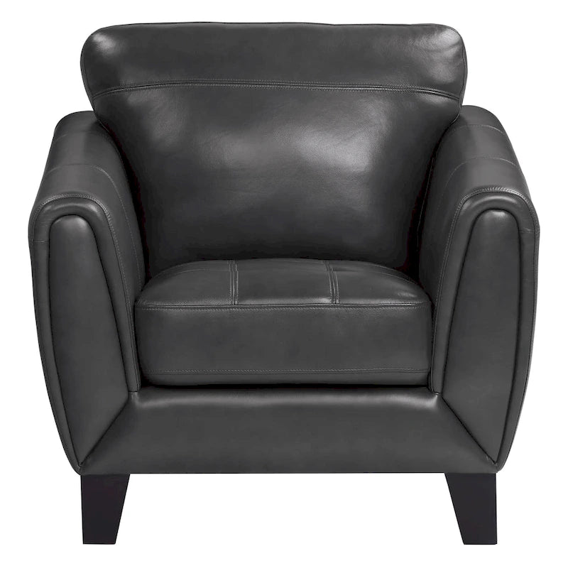 37 Inch Accent Chair, Dark Gray Grain and Faux Leather, Solid Wood