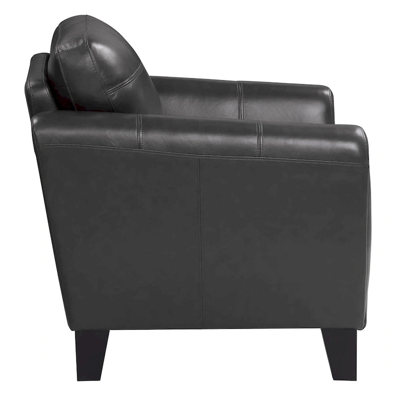 37 Inch Accent Chair, Dark Gray Grain and Faux Leather, Solid Wood