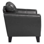 37 Inch Accent Chair, Dark Gray Grain and Faux Leather, Solid Wood