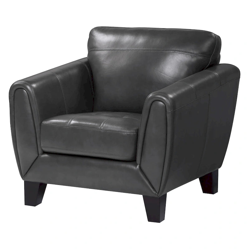 37 Inch Accent Chair, Dark Gray Grain and Faux Leather, Solid Wood