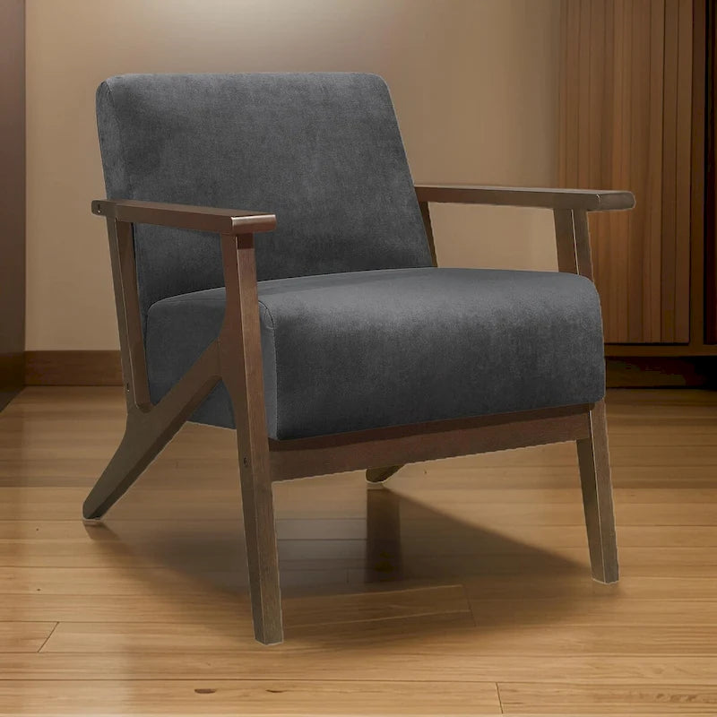 Rica 32 Inch Accent Armchair, Dark Gray Velvet, Walnut Brown Solid Wood
