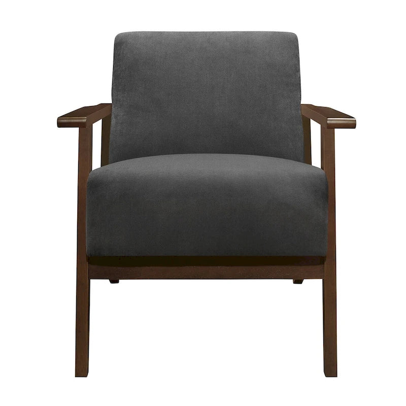 Rica 32 Inch Accent Armchair, Dark Gray Velvet, Walnut Brown Solid Wood