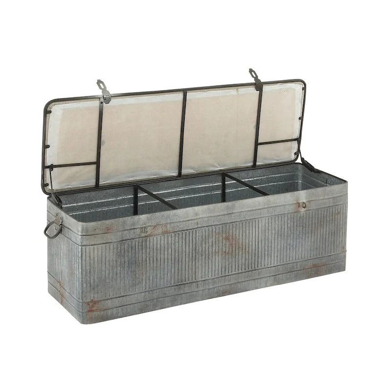 Metal Galvanized Storage Bench with Cream Burlap Top and Black Latches - Gray - Roche River Decor