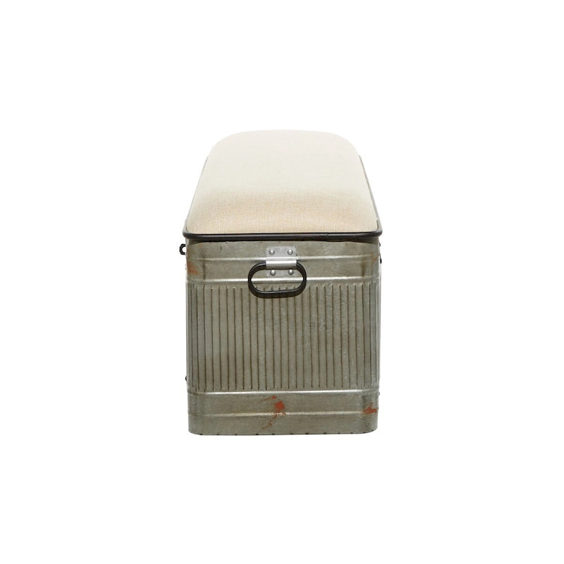 Metal Galvanized Storage Bench with Cream Burlap Top and Black Latches - Gray - Roche River Decor