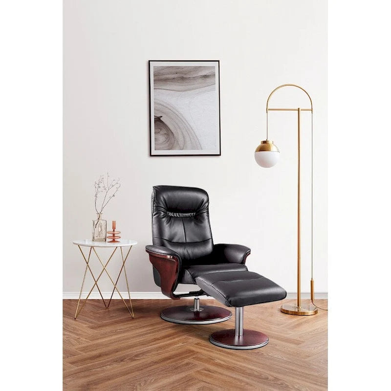 Artiva Black Leather Swivel Recliner and Ottoman Set