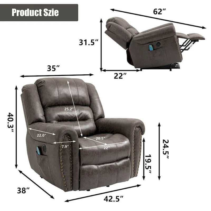 Faux Leather Oversized Power Lift Recliner Remote, Massage& Heating