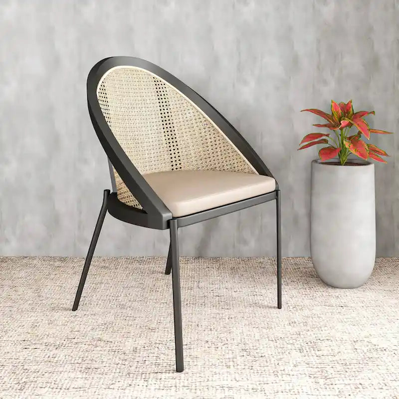 Urbane Modern Stylish Dining Chair with Leather Seat and Wicker Back for Dining Room & Kitchen
