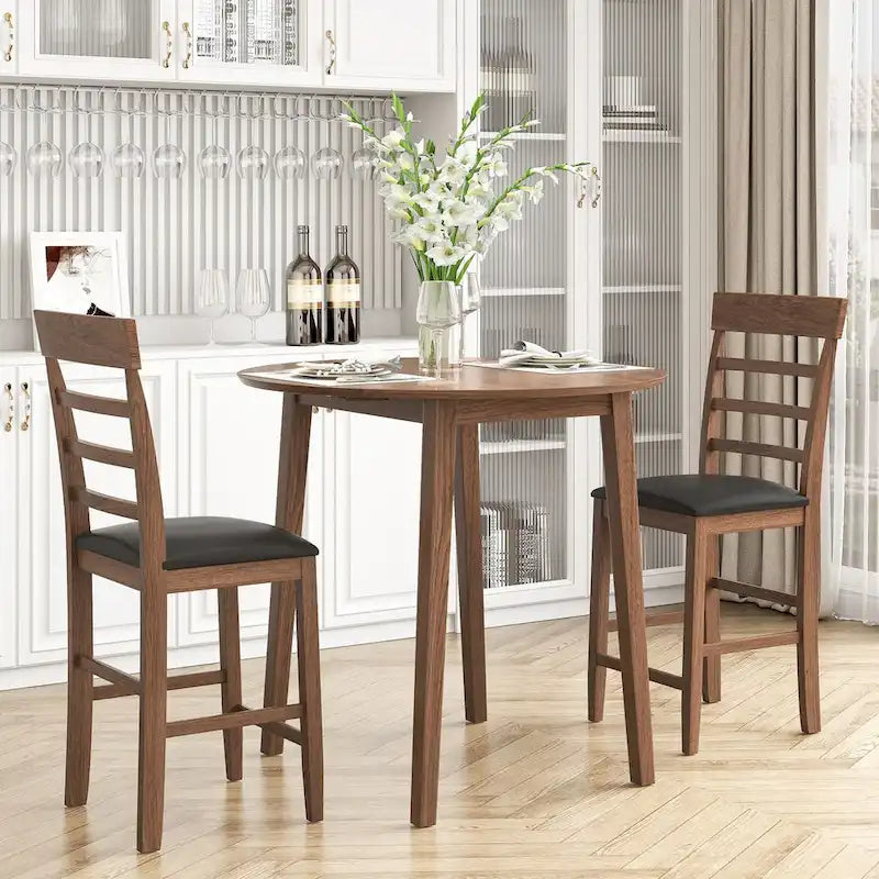 3PCS Retro Round Counter Height Drop-Leaf Table Set