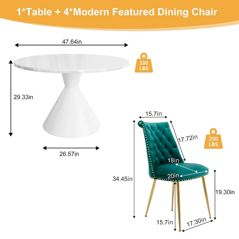 48 Light Luxury White High Gloss Large Countertop Dining Table with Velvet Dining Chair Set