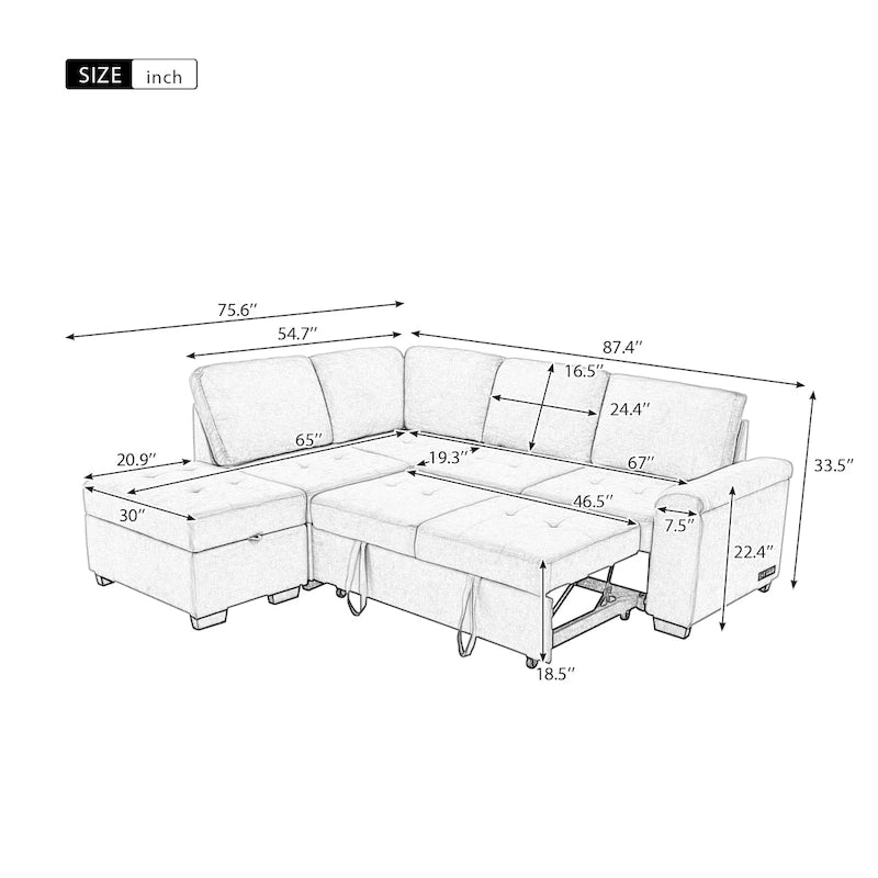 L-Shaped Corner Sectional Sofa Bed with Storage and USB Charging