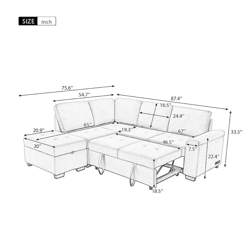 L-Shaped Corner Sectional Sofa Bed with Storage and USB Charging