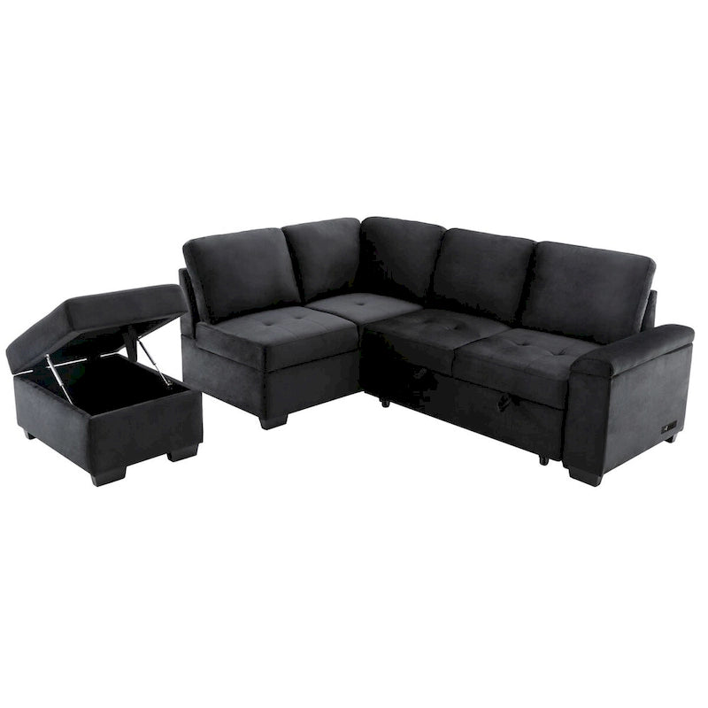 L-Shaped Corner Sectional Sofa Bed with Storage and USB Charging
