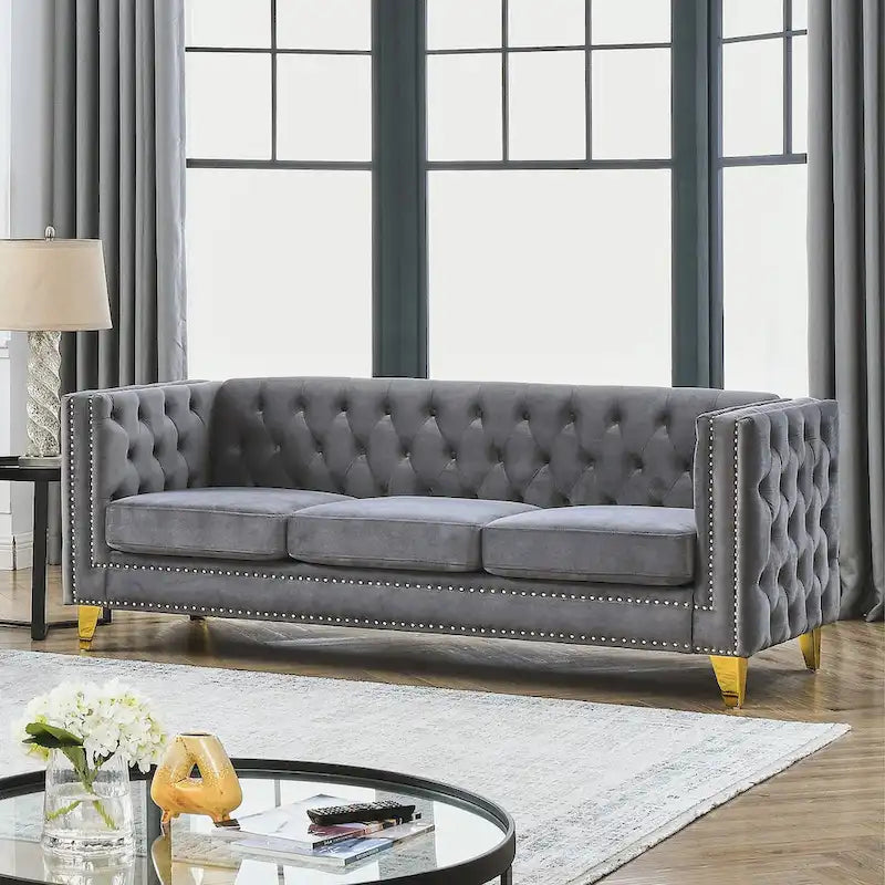 Velvet Sofa for Living Room,Buttons Tufted Square Arm Couch, Modern Couch Upholstered Button and Metal Legs