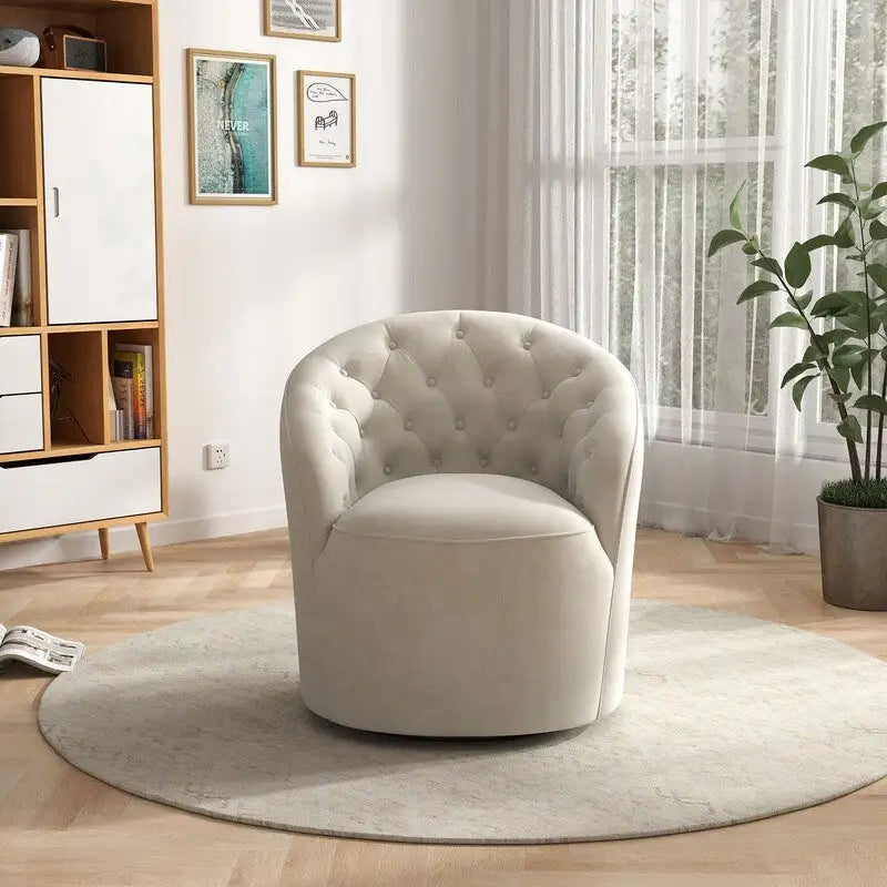 SEYNAR Modern Velvet Upholstered 360 Degree Swivel Barrel Chair with Button Tufted Back