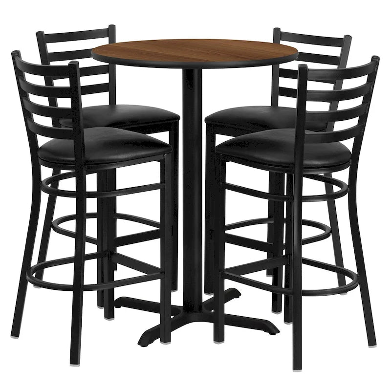 30 Round Laminate Table Set with X-Base and 4 Ladder Back Metal Barstools