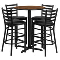 30 Round Laminate Table Set with X-Base and 4 Ladder Back Metal Barstools