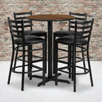 30 Round Laminate Table Set with X-Base and 4 Ladder Back Metal Barstools