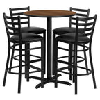 30 Round Laminate Table Set with X-Base and 4 Ladder Back Metal Barstools