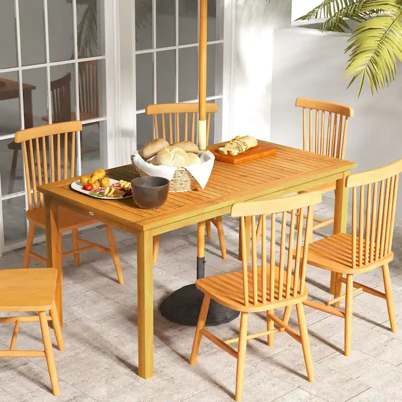 Outsunny Rectangle Patio Table for 6, Outdoor Dining Table with Umbrella Hole, Acacia Wood Table for Garden, Backyard, Deck