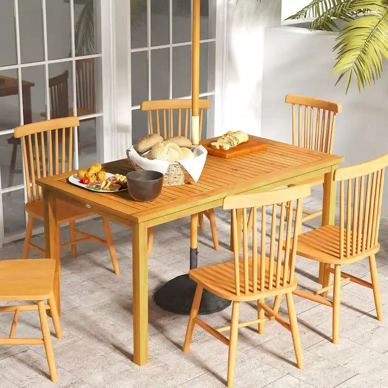 Outsunny Rectangle Patio Table for 6, Outdoor Dining Table with Umbrella Hole, Acacia Wood Table for Garden, Backyard, Deck