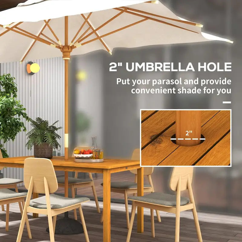 Outsunny Rectangle Patio Table for 6, Outdoor Dining Table with Umbrella Hole, Acacia Wood Table for Garden, Backyard, Deck