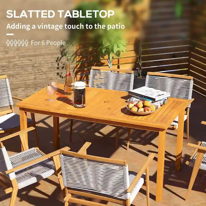 Outsunny Rectangle Patio Table for 6, Outdoor Dining Table with Umbrella Hole, Acacia Wood Table for Garden, Backyard, Deck
