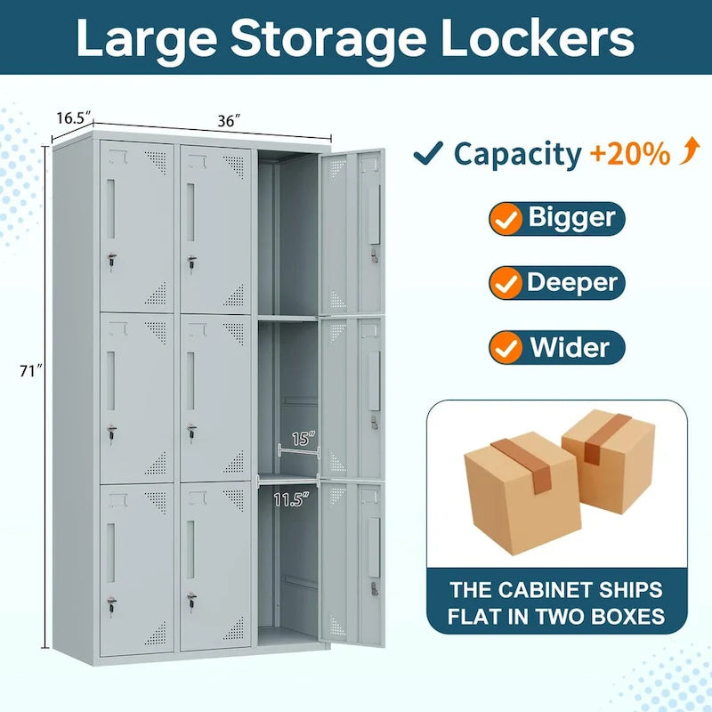 3 Tier 3-Wide Metal Locker with 9 Doors