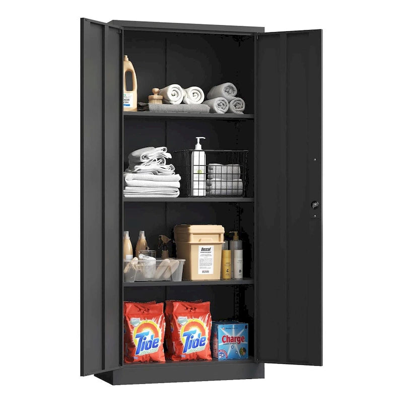 71H Metal Garage Storage Cabinet,Black Tool Steel Locking Cabinet with Doors and 3 Shelves,Tall Cabinets for Garage Storage
