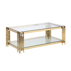 48 Wide Rectangular Coffee Table with Glass Top, Stainless Steel Double-Layer Coffee Table