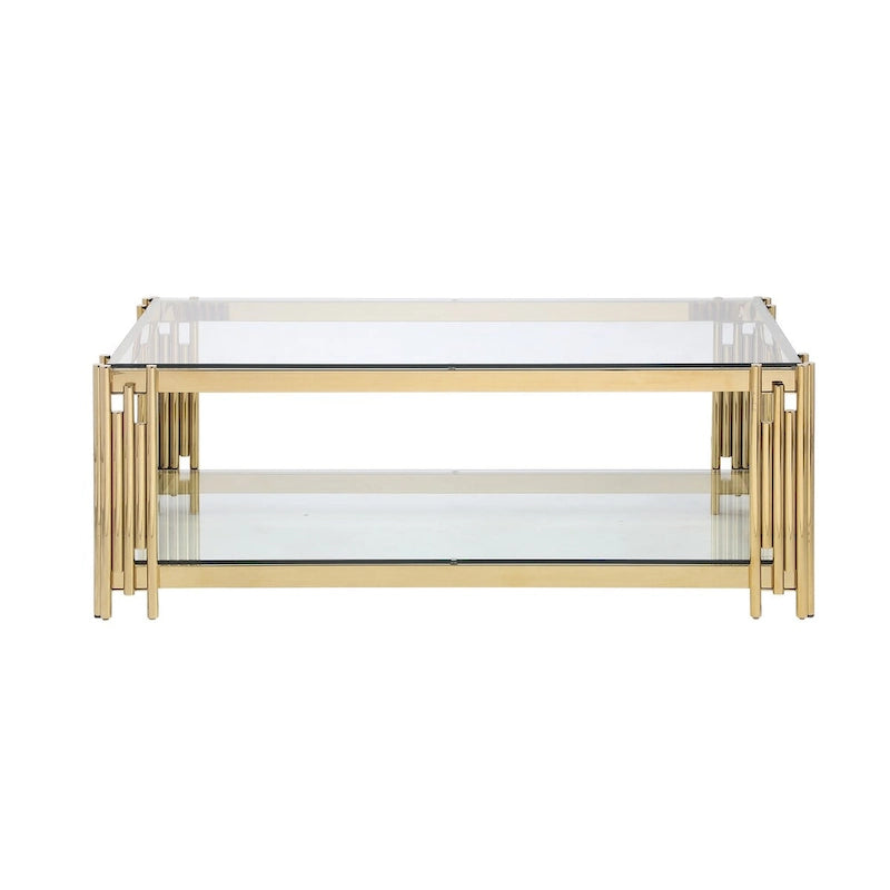 48 Wide Rectangular Coffee Table with Glass Top, Stainless Steel Double-Layer Coffee Table