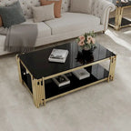 48 Wide Rectangular Coffee Table with Glass Top, Stainless Steel Double-Layer Coffee Table