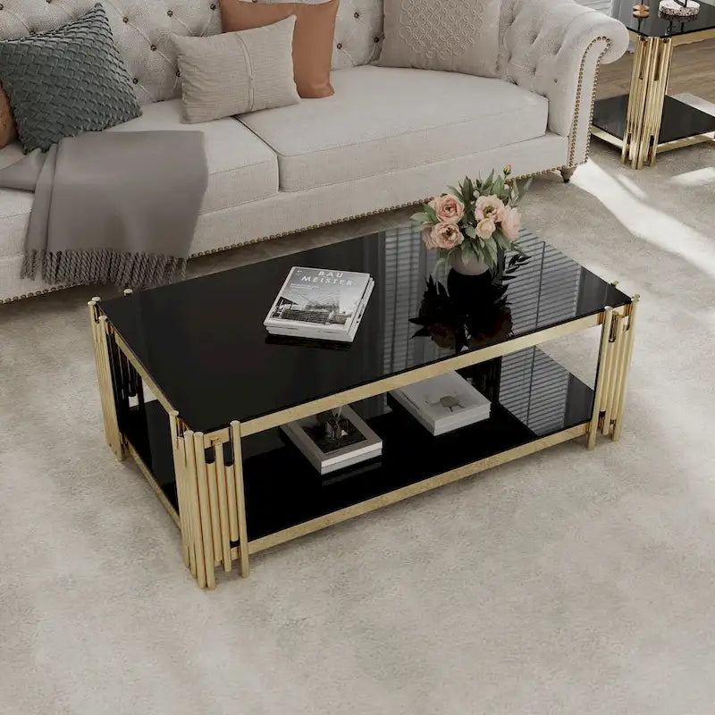 48 Wide Rectangular Coffee Table with Glass Top, Stainless Steel Double-Layer Coffee Table