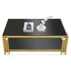 48 Wide Rectangular Coffee Table with Glass Top, Stainless Steel Double-Layer Coffee Table