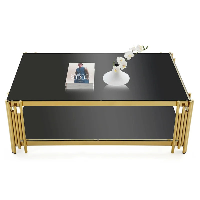 48 Wide Rectangular Coffee Table with Glass Top, Stainless Steel Double-Layer Coffee Table