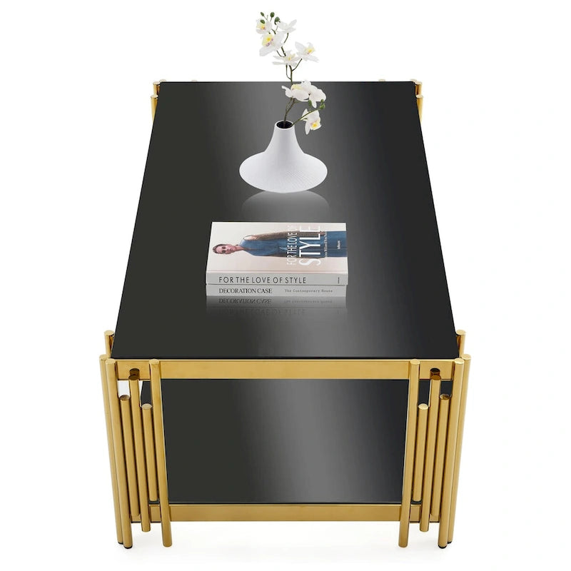 48 Wide Rectangular Coffee Table with Glass Top, Stainless Steel Double-Layer Coffee Table