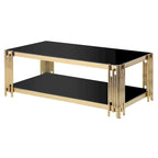 48 Wide Rectangular Coffee Table with Glass Top, Stainless Steel Double-Layer Coffee Table