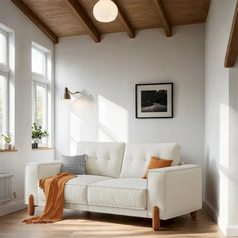 Modern Teddy Fabric Upholstered Sofa w/ Wood Legs and 2 Pillows