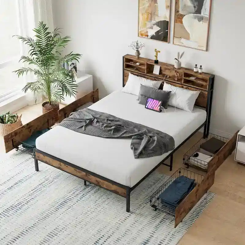 Queen Bed Frame with Storage Headboard and 4 Drawers, Metal Platform Bed with Charging Station